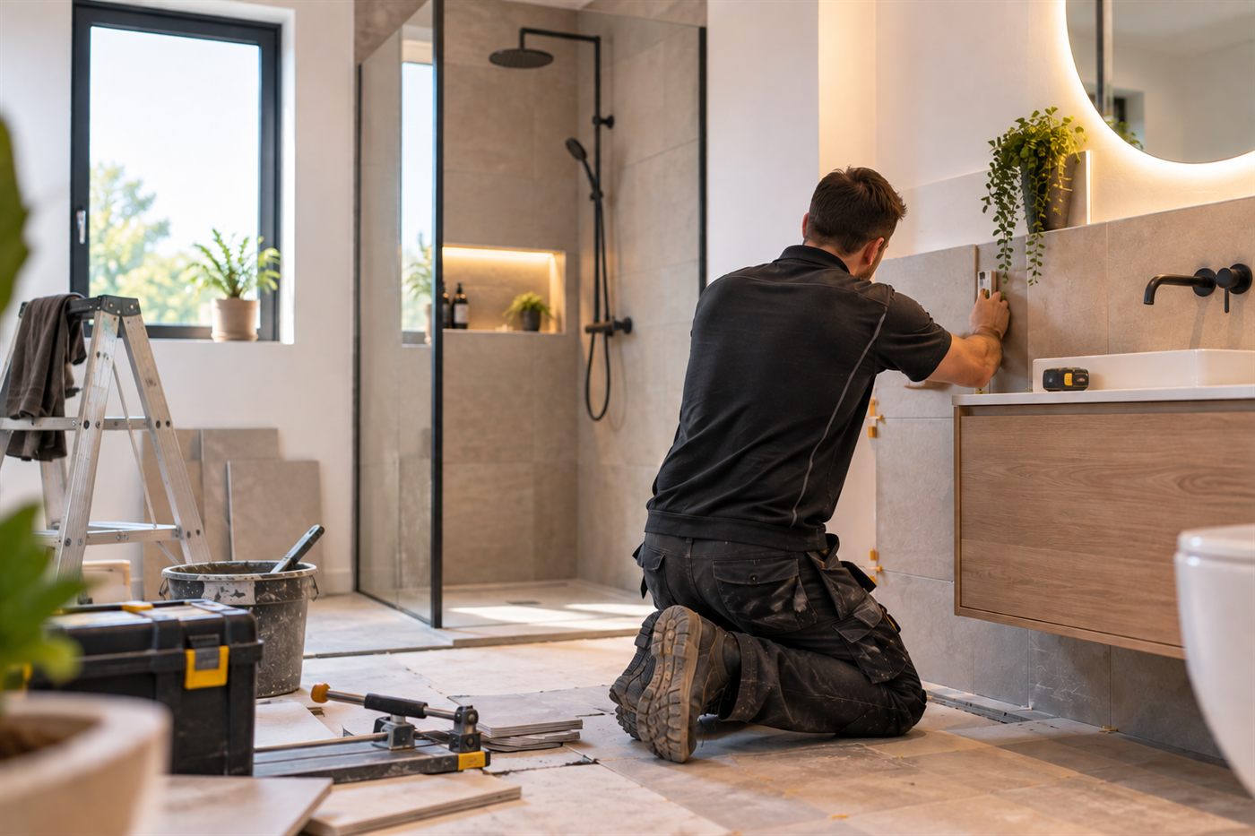 Tegelzetter van Vrenobouw plaatst wandtegels tijdens een badkamerrenovatie