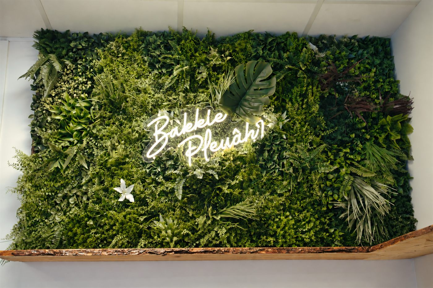 De groene wand in de koffiehoek met het neonbord Bakkie Pleuah