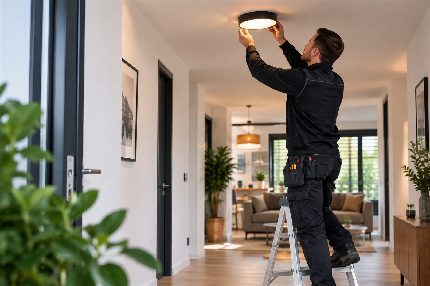 Vakman van Vrenobouw vervangt een plafondlamp in een bewoonde woning