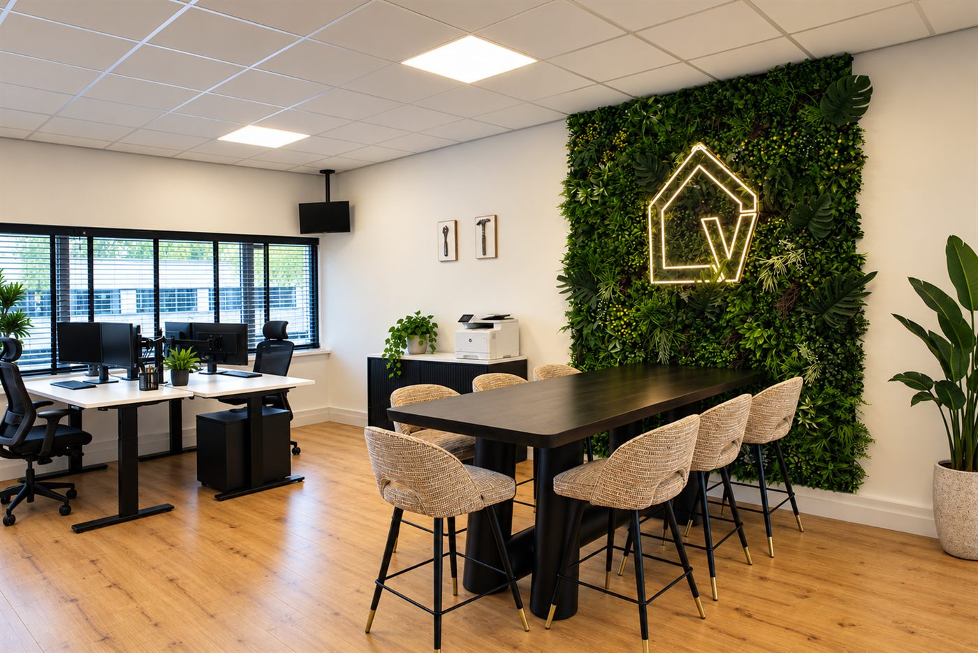 Het kantoor van Vrenobouw met werkplekken en de groene wand met het logo